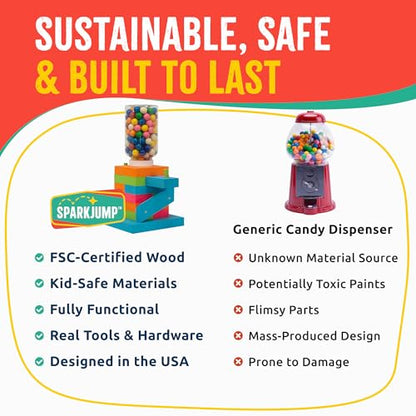 SparkJump Candy Dispenser Woodworking Kit – Complete STEM Building Kit for Kids with FSC-Certified Wood, Paints & Tools, DIY Gumball Machine Craft for Boys & Girls, Ages 6+