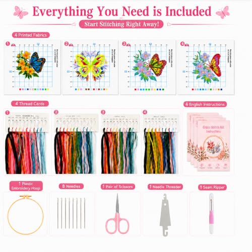 Zhenqing 4 Pack Butterfly Stamped Cross Stitch Kit for Beginners - color: 4 Pack Butterfly