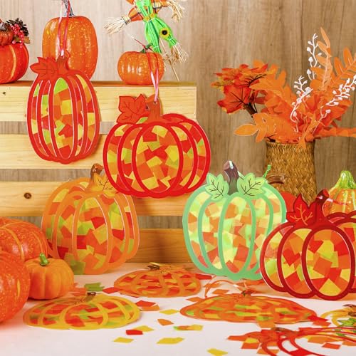 DoubleFill 48 Pcs Fall Pumpkin Suncatchers Craft DIY Stained Glass Pumpkin - style: Pumpkin