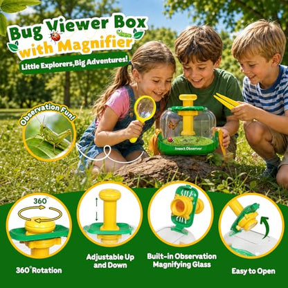 Bug Catcher Kit for Kids, Insect Observation Box Outdoor Explorer Toys, 360° Rotating Viewer with Magnifying Glass & Tweezers, STEM Nature Adventure Gift for Toddlers Boys Girls Age 3-6
