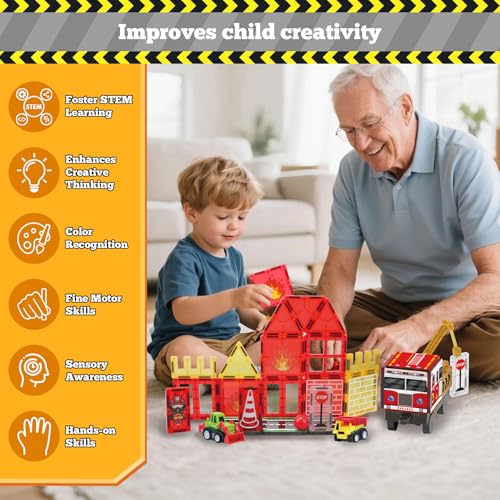 Magnetic Tiles Fire Truck Set,Magnet Blocks for Kids Ages 4-8 Boy STEM Toys - style: 56PCS Fire Station Magnetic Tiles
