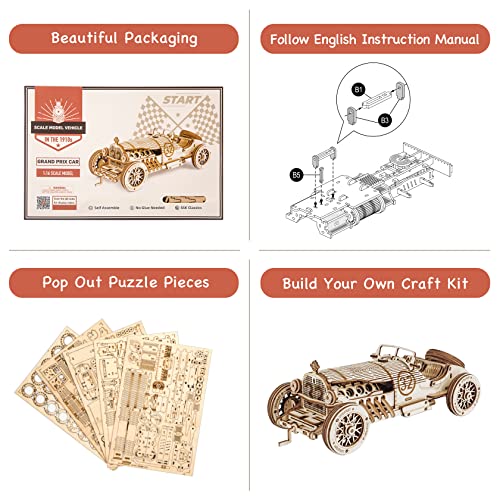 ROKR Model Car Kits Wooden 3D Puzzles Model Kits for Adults Educational Brain Teaser Assembly Model, Desk Decor/DIY Hobbies/Gifts (Grand Prix Car) - style: MC - Grand Prix Car