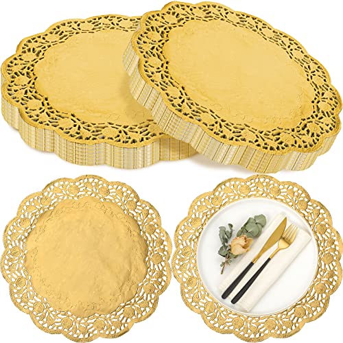 Yexiya 200 Pcs Lace Paper Doilies 14 Inch Round Foil Placemats, Gold - color: Gold