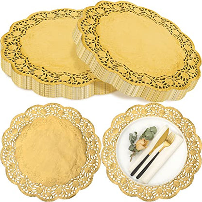 Yexiya 200 Pcs Lace Paper Doilies 14 Inch Round Foil Placemats, Gold - color: Gold