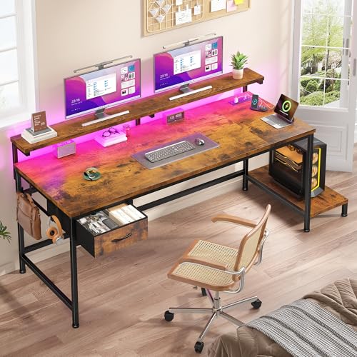 DurayLoly 47.2" Office Desk with Power Outlet & Monitor Stand,Rustic Brown - color: Rustic Brown, size: 47.2 IN