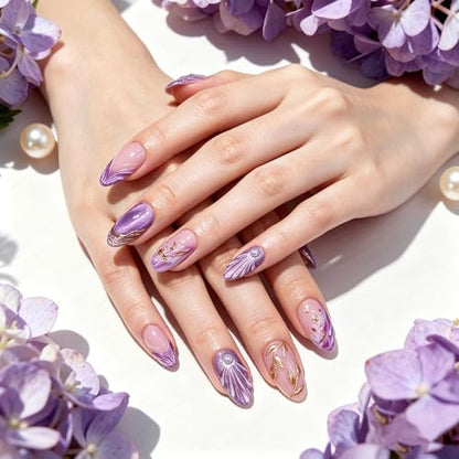 Almond Press on Nails Short Purple Fake Nail3D Charm Acrylic Nail Press ons with Gold Embossed Design Stick on Nails for Women 24pcs - color: Color11