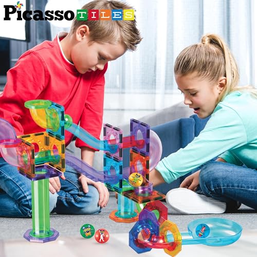 PicassoTiles Magnet Marble Run Tiles Pete The Cat Themed Character Marbles for Magnetic Building Block Construction Tile Maze Structures STEM Learning Pretend Play Fun Toys Girls Boys Ages 3+ PTG02 - style: PTG02