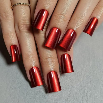 Red Press on Nails Medium Square Duck Mouth Fake Nails Cat's Eye False Nails Press Ons with Designs Glue on Nail Full Cover Reusable Acrylic Nail for Women 30Pcs - color: Style-A21