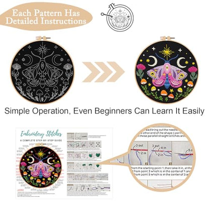 Nuberlic 3 Pack Embroidery Kit for Beginners, Moth and Bee Patterns - color: Moth and Bee