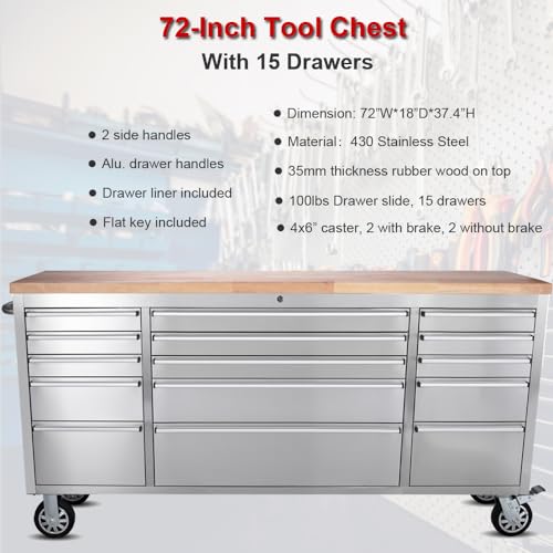 72-inch Stainless Steel Rolling Tool Chest with 15 Drawers, Mobile Workbench, Assembled Large Tool Box Lockable Storage Cabinet with Wheels for Garage Workshop (72'' w/15 Drawers) - size: 72'' w/15 drawers - Stainless Steel