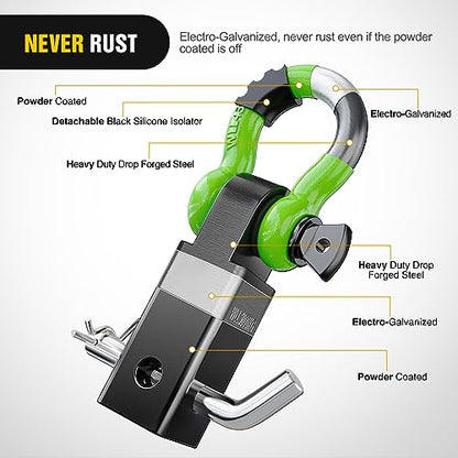 Nilight Shackle Hitch Receiver 2inch for Vehicle Recovery with 3/4" Shackle - color: Black+Green