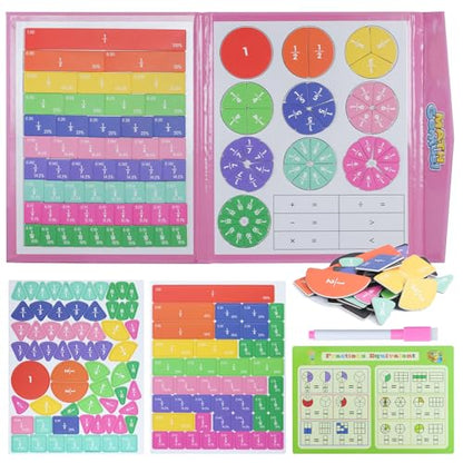 Magnetic Fraction Educational Puzzle with Fraction Tiles & Circles, Math Manipulatives Montessori Learning Toys to Help Kids Learn Fractions and Build Early Math Skills (Pink) - style: Pink