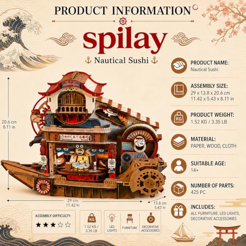 Spilay 3D Wooden Puzzle for Adults, Mechanical Wood Model Building Kit - color: Nautical Sushi