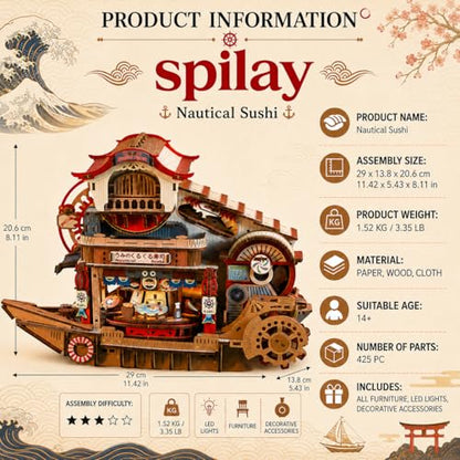 Spilay 3D Wooden Puzzle for Adults, Mechanical Wood Model Building Kit - color: Nautical Sushi