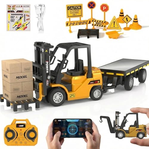 Rc Mini Forklift Toy, 1:64 Alloy Remote Control Forklift 3 Speed & Auto Demo, 10CH Forklift 3 in 1(Fork, Hook, Trailer) with Rubber Tires & Sound Off, Gift for Adults Kids