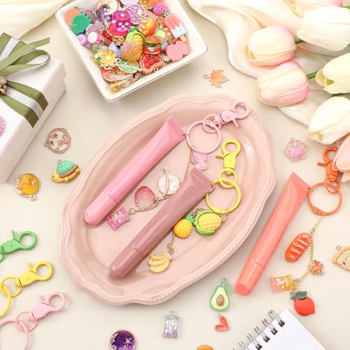 VioraWhite 213 Pcs Keychain Making Kit Bag Charm Kit Cute Lip Gloss Keychain 100 Pink Enamel Charms 32.81 ft Gold Chains for DIY Crafts Women - style: Cute