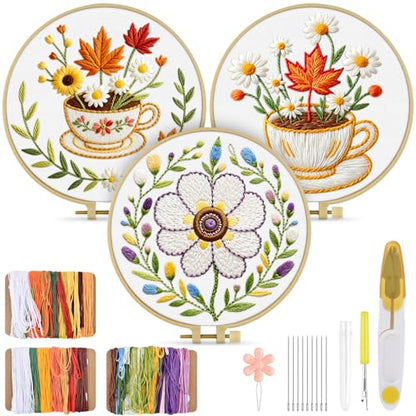 TINDTOP Embroidery Kit for Adult, 3 Pack Embroidery DIY Starter Kit, with Stamped Patterns, Hoop, Tools, Colorful Threads with Needles, Instructions (Flower Cup) - color: Flower Cup