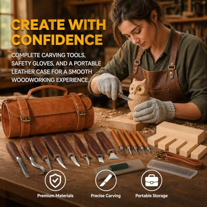 Deluxe Wood Carving Kit, 26Pcs Whittling Tools with 6 Basswood Blocks & Leather Case, High-Carbon Steel Knives, Safety Gloves, Woodworking Set for Beginners Adults DIY Craft Gifts