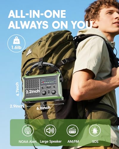 Emergency Weather Radio with Large Solar Panel, Real 12000mAh Battery - color: Army Green