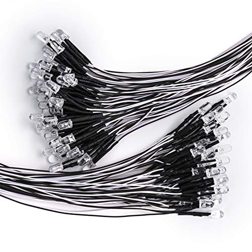 DiCUNO 100Pcs 5MM Pre Wired 12V Daylight White LED Diodes, 9.4 Inch Lead - color: Daylight White