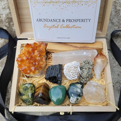 Crystals and Healing Stones Premium Kit Wooden Box - Chakra Stones Healing Crystals Set, Rose Quartz, Amethyst Cluster, Quartz Points, Chakra Pendulum (Abundance and Prosperity Crystal Collection) - color: Black, Brown, Green