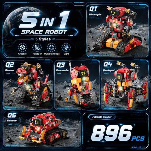 5 in 1 Stem Robot Building Kit for Kids,Remote & App Robot,896 Pcs