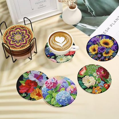 Xylogist 8 Pcs Flowers Diamond Art Coasters with Holder 4X4 inch - color: Flowers Coasters