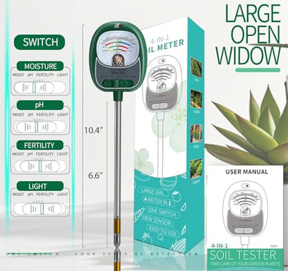 Soil Tester, Soil Moisture Meter/Soil pH Meter/Sun-Light/Fertility for Gardening, Large Dial Soil pH Tester Plant Water Meter for Indoor&Outdoor Garden,Farm Soil Test Kit-DeepGreen