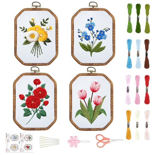 ORIGACH 4 Set DIY Flower Embroidery Kit for Beginners Adults
