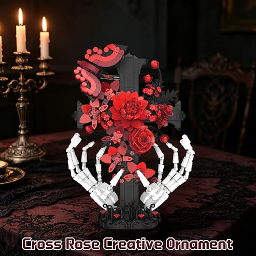 chanbrick Jesus Cross Building Set with Flower & Skull Hand for Adults, Gothic Crucifix Rose Skeleton Collectible Model for Women Home Art Decor, 800+ Pieces