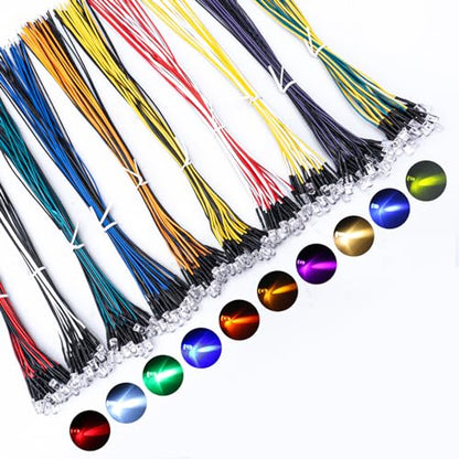 DiCUNO 200Pcs (10 Colors × 20Pcs) 5MM Pre Wired 12V LED Diodes, 9.4" Lead - color: 10 Colors * 20 Pcs