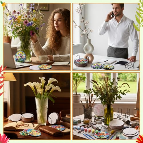 Reallnaive 16 Pcs Flower Paint by Numbers Kit for Adults Wood Floral Coaster - style: Floral