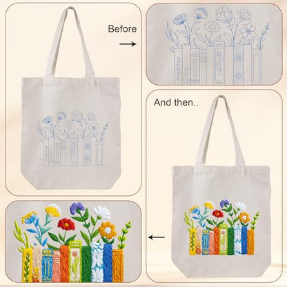 Louise Maelys Book and Flowers Embroidery Kit Canvas Tote Bag for Beginners - color: books flowers