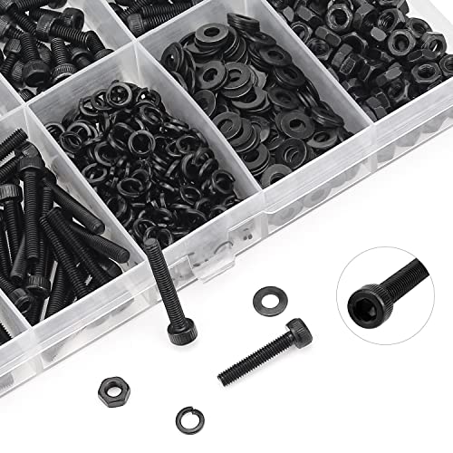 HELIFOUNER 560 Pieces M3 x 4mm /6mm /8mm /10mm /12mm /16mm /20mm, Hex Socket Head Cap Screws Bolts Washers Nuts Kit, 12.9 Grade Alloy Steel, Full Threaded, Black - size: M3, style: Socket Head