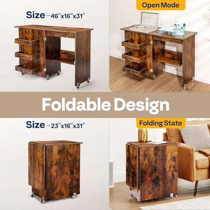 VIVOHOME Folding Sewing Table for Sewing Machine, Sewing Desk with Storage - color: Rustic Brown