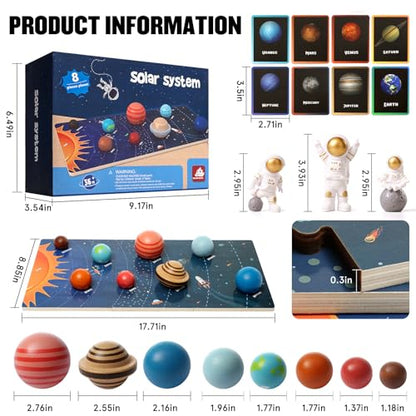 Wooden Solar System Model Board，Kids Solar System with Astronauts ，Montessori Planet Toys,Educational Planets Balls,Preschool Learning Puzzle，Space Knowledge Flash Cards Learning Toys for Kids