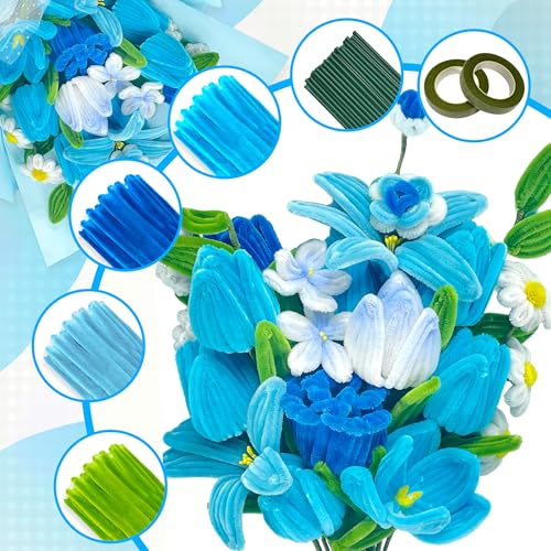LINAYE 500 PCS Pipe Cleaners Craft, 6 Colors Pipe Cleaners Flowers Kit, Chenille Stems for Crafts with Instruction Wrapping Paper, Flower Stamens, Stems Art and Craft Supplies Blue - color: Blue