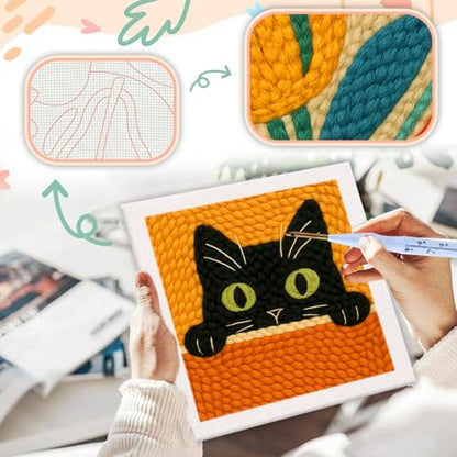 SDOYUNO Punch Needle Kit with Frame for Adults Beginners Kits 9.84 x 9.84 Inch Embroidery Starter Kits Punch Needle Kit with Black Cat Pattern, Threader, Yarns, Rug Punch, DIY Craft Kits (Black) - color: black