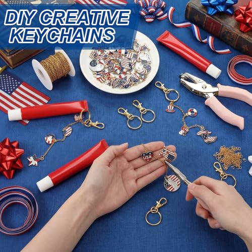 VioraWhite 213 Pcs 4th of July Lip Gloss Keychain Making Kit for 250th Anniversary 100 Red White Blue Enamel Charms Lip Balm 32.81 ft Chains for Independence Day Patriotic DIY Crafts Women - style: 4th of July Theme