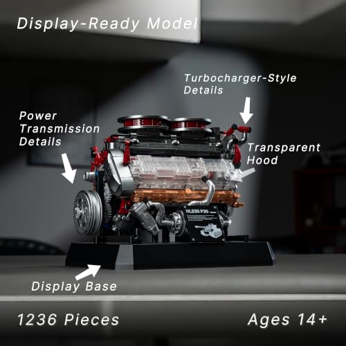 Engine Building Kit for Adults, 1236-Piece Mechanical Engine Model Building Set with Transparent Hood, Turbocharger Details and Display Base, Collectible Engine Model Kit for Adults & Teens 14+