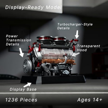 Engine Building Kit for Adults, 1236-Piece Mechanical Engine Model Building Set with Transparent Hood, Turbocharger Details and Display Base, Collectible Engine Model Kit for Adults & Teens 14+