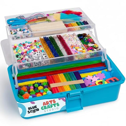 Blue Squid Arts & Crafts Box (Blue)- 2800+ pcs Deluxe Craft Supplies Box, 2 Drawers, 18 Compartments, Sturdy Handle - Art Crafting Kit Birthday Gifts for Kids, School Supply for Ages 4-12 - color: Craft Box Blue