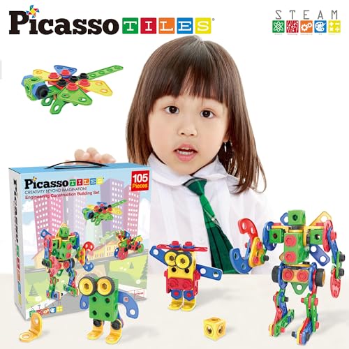 PicassoTiles STEM Learning Toys 105 Piece Building Block Set Kids Construction Engineering Kit Toy Blocks Children Early Education Playset w/IdeaBook, Power Drill, Clickable Ratchet, Age 3+ PTN105 - color: 105pcs Transformation