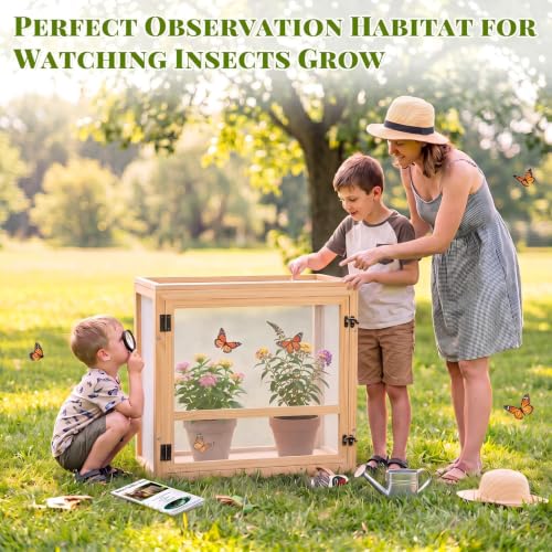 Bucherry Wooden Butterfly Habitat Cage Kit Monarch Caterpillar Enclosure with Mesh Tent & Wood Frame, Detachable Insect Observation House for Kids Outdoor Garden (20") - size: 20"