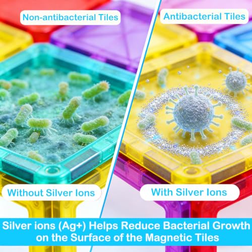 Antibacterial Magnetic Tiles 124PCS with 4 XL Squares, STEM Toy - size: 124 PCS (4 XL Squares Included)