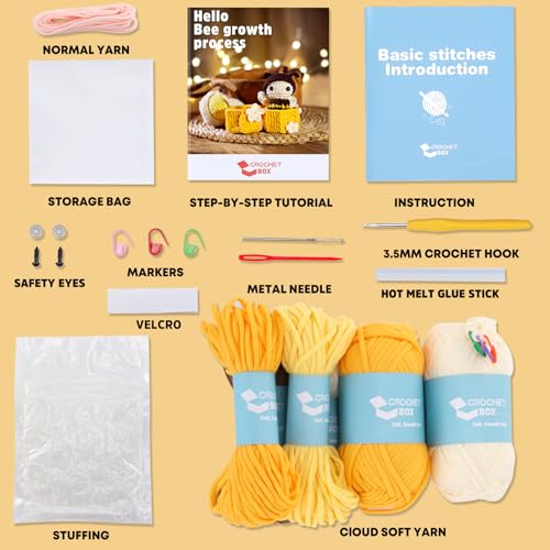 CrochetBox Bee Grow Up Crochet Kit for Beginners, Easy Craft for Adults - color: Bee Grew Up