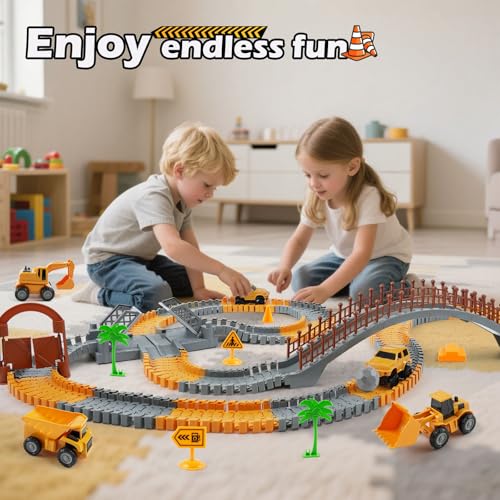 Construction Race Car Track Set for Kids - Flexible Engineering Toys with 2 Electric Cars, Birthday Gift for 3 4 5 6 7 Year Old Boys, DIY Road Games Playset with 220+ PCS - color: Construction Race Track Set