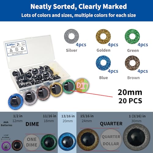 RuWfpz Safety Eyes for Crocheting Amigurumi Glitter 20mm Large 5 Colors - size: 20 mm