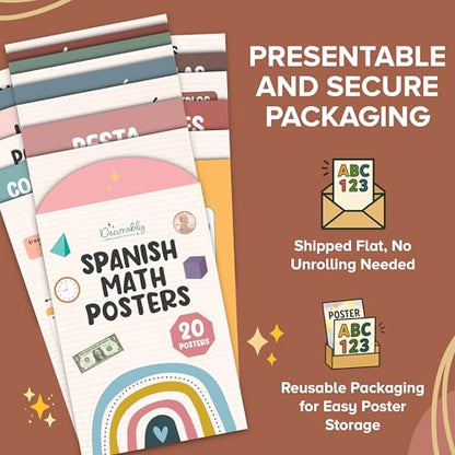 Decorably 20 Boho Spanish Math Posters for Classroom, 11x17in Educational, Matte-Laminated Classroom Decor - for Hallways, Bulletin Boards, Home Study Room