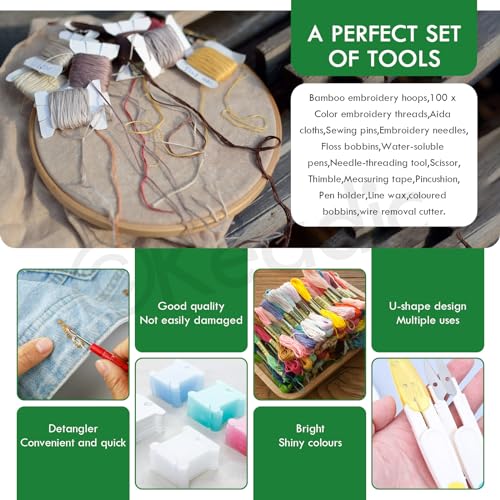 Keadic 222Pcs Embroidery Kit with Instructions Contains 100 Colors Threads, Embroidery Hoops, Sewing Pins, Floss Bobbins and Cross Stitch Tools, Hand Embroidery Starter Kit for Adults Beginners